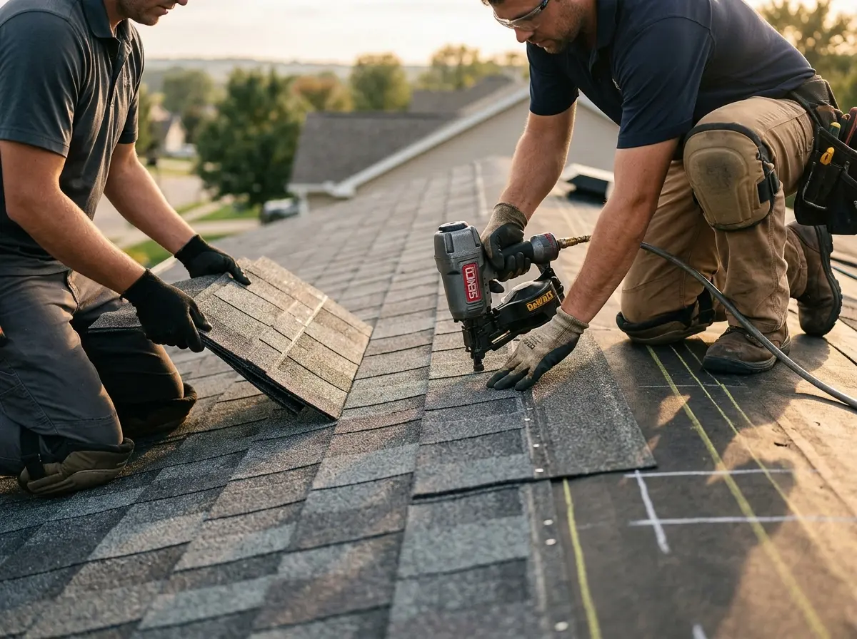 Professional roofer working on a residential roof in Cloquet